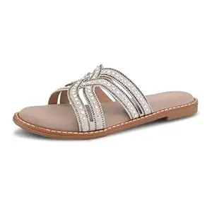 Centrino Women's Beaded Flat Sandals| Open Toe Stylish Slip-On Sandals for Ladies | Metallic Crisscross Straps with Soft Cushioned Footbed for Comfort | Lightweight Casual Fashion Footwear (9305)