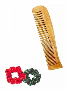 BigBro Pure Natural Wooden Comb Wide Teeth for Women and Men | Organic Antibacterial Hair Dandruff Remover Styling Comb| Handcrafted (Super Saver Pack of 1 Comb + 2 Velvet Hair Scrunchies)