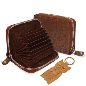 ABYS Genuine Leather Unisex Tan Card Holder Wallet with Leather Owl Keyring Combo