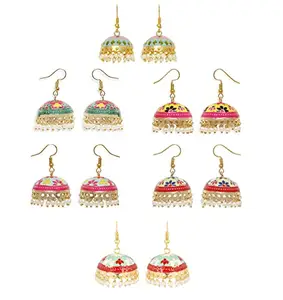 OOMPH Jewellery Combo of 6 Pink & Green Meenakari Floral Jhumka Earrings For Women & Girls Stylish Latest (EHC28-58-159-160-161-162_AOR1)