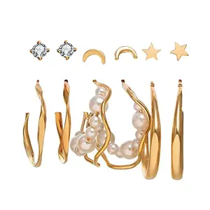 Jewels Galaxy Jewellery For Women Gold Plated Contemporary Stars and Moon Studs and Hoop Earrings Set of 6 (JG-PC-ERGT-8725)