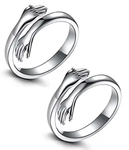 Uniqon Set Of 2 Stainless Steel Love Forever Silver Color Valentine's Day Romantic Love Couple Promise Embrace Statement Anniversary Adjustable Hand Hug Me Thumb Finger Ring