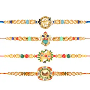 De Marquis Designer Assorted Rakhi, Chawal Roli Pack, Greeting Card Set (4 Rakhi Combo set For Brother)
