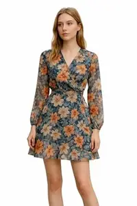 Women Floral Wrap Dress | V Neck A-Line Mini Dress | Long Sleeve Printed Western Dress | Casual Knee Length Dress for Women & Girls