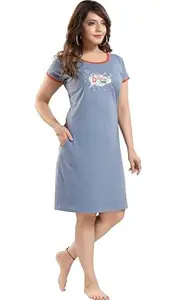 RR Trading Printed Long Cotton Blend Printed Round Neck Half Sleeve T-Shirts for Women Daily Casual Night Wear| Dress in Knee Length | Long Top | Midi Dress |Gray|Size -L|