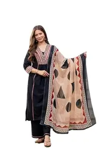 MEERA FAB Women Floral Printed Pure Cotton Straignt V-Neck Kurta with Trousers & Dupatta