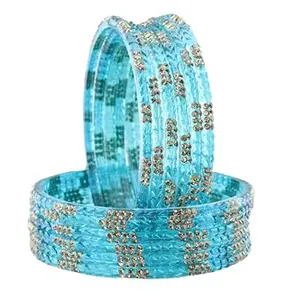 LAVAZZA Golden Glass Bangles Set For Women & Girls with Zircon Diamonds & Transparent Crystal Beads | Rain Glass Bangles | golden Bangles | Chudi Set-(LV_MD4-567-SkyBlue-2.4)