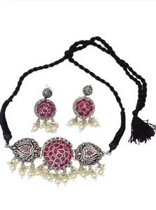 Stylish Traditional Oxidised Silver Necklace Chocker Jewellery Set for Women and Girls