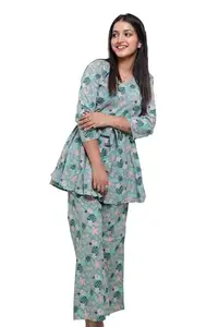 SAY Night Suits for Women Cotton Night Suit Set Top and Pyjama Lounge Wear Night Dress for Women - Green