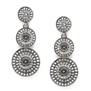 Accessher Indo Western Style Inspired Gold Plated Rhinestones Embellished Circular Shaped Filigree Dangle Earrings with Push Back Closure for Women and Girls (Silver)