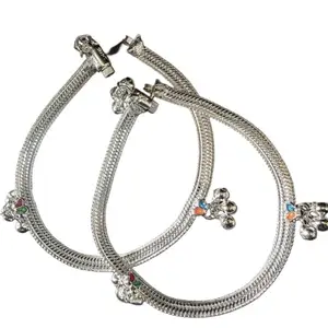 Plain Silver-Plated German Silver Anklets, Contemporary Style, 24 cm Length, Non-Adjustable, 2-Piece Set, Butterfly Design-11 Inch