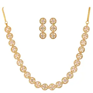 RATNAVALI JEWELS American Diamond Necklace set Gold Plated Traditional White Jewellery Set with Sleek Earring for Women/Girls RV5049GP