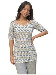ANNI Designer Women’s Viscose Blend Printed Short Kurti | Straight Fit Casual Ethnic Top | Square Neck 3/4 Sleeve Kurta Office College