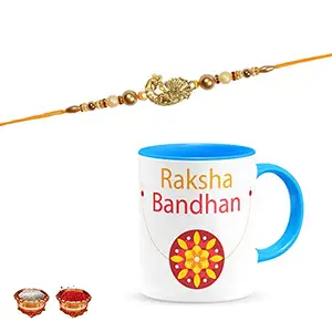 Manonita Rakhi Gift for Brother, bhaiya bhabhi, Gift Set (Rakshabandhan Mug, Roli,Chawal) BLUEMUG-8-BL