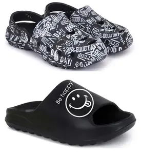 Pampy Angel Combo Pack of 2 Slipper/Flip Flops/Slides/Clogs/Sandals for Men,(Cl-Guday-Black,Y-Smily-Black),8 (UK/India)