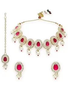 fabula Jewellery Red Kundan Necklace Set with Drop Earrings & Maangtikka For Women & Girls Stylish Latest (NEST22_AFR1)