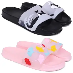Pampy Angel Combo Pack of 2 Slipper/Flip Flops/Slides for Women,(Dolphin-Black,Gobi-Pink),39 (Euro)