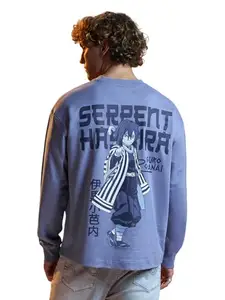 The Souled Store Demon Slayer: Obanai Men and Boys Round Neck Blue Graphic Printed Cotton Breathable Lightweight All-Season Full Sleeves Oversized T-Shirt