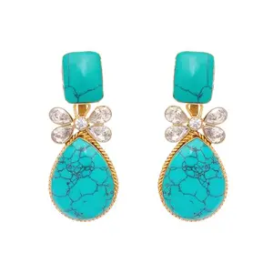Yinara Women's 22K Gold Plated Turquoise Stone Studded Contemporary Drop Earrings | Fashion Jewelry for Parties, Weddings, Gifts | Lightweight & Hypoallergenic | Turquoise