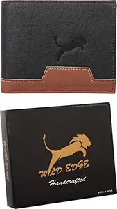 WILD EDGE Black Formal and Stylish Wallet with Brown Detailing - Artificial Leather Wallet for Men - Slim Bi-fold Stylish Wallet for Men -Black (Pack of 1)