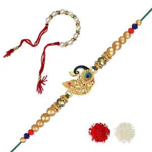 De Marquis Designer Fancy Rakhi for Bhaiya and Bhabhi, Lumba, Roli-Chawal Pack, Greeting Card, Couple Rakhis (RK-02255) 1 Rakhi + 1 Lumba