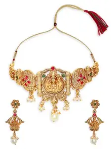 fabula Jewellery Gold Goddess Laxmi Choker Necklace Set - Temple Theme - For Women & Girls Stylish Latest (JRSET82_Z1)
