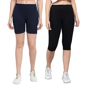 Pinkshell Plain Capri and Short Combo for Women Calf Length Capri Active Workout Running Trendy Cotton Lycra Capri and Slim fit Cycling Yoga Shorts (XL, Black(C)/Navy(S))