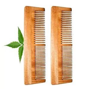 MICLAC Neem Wood Detangling Comb for Women with Wooden Dual Tooth Comb | Comb For Hair Growth: Wide Tooth, Set of 2