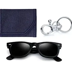 Mundkar Blue Denim Thre Fold Wallet Black Sunglass and Keychan Hook Men's Gift Set