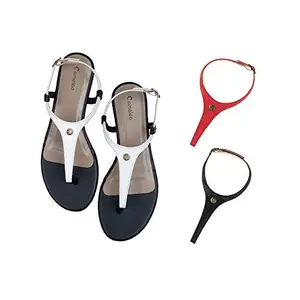 Cameleo -changes with You! Women's Plural T-Strap Slingback Flat Sandals | 3-in-1 Interchangeable Leather Strap Set | White-Red-Black