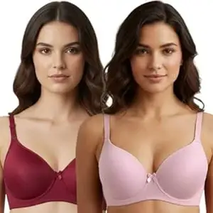 Imsa Moda Women’s Nylon Lycra Padded Non-Wired Full Coverage Everyday Bra | Soft, Comfortable & Supportive | Seamless Regular Wear Bra (Pack of 2)
