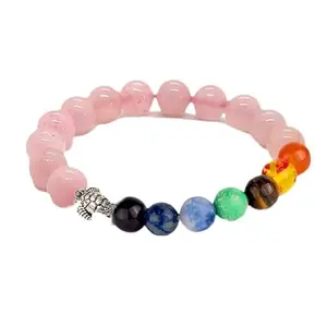 Shircreations Handmade 7 chakra Rose Quartz Healing Crystal Bracelet With Tortoise Charm – 8mm Natural Stone Beads for Love and Emotional Balance – Strechable Bracelet for Men and Women