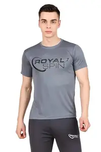 ROYAL SPIN Men's Polyester Lycra Half Sleeve Round Neck Strachable Casual Big Logo T- Shirt for Men's (Color:Grey, Size: L)