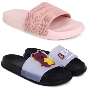 Pampy Angel Combo Pack of 2 Slipper/Flip Flops/Slides for Men,(Fly-Arow-Pink,Bear-Black),37 (Euro)