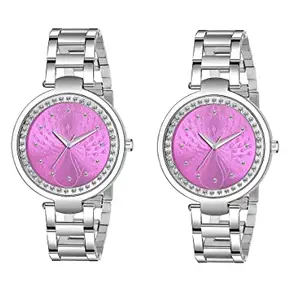 Watch City Analog Watch for Women and Girl Round Dial and Stainless Steel Belt (Combo) (Set of 2) Pink
