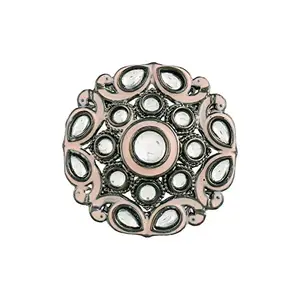 I Jewels Silver Oxidized Kundan Studded Meenakari Work Adjustable Finger Ring for Women (FL201Pi)