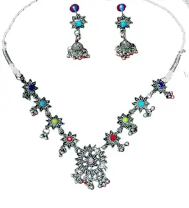Ethnic Necklace Set with Floral Pendants, Multi-Coloured Gemstones