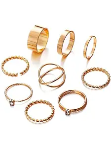 Vembley Gold Plated 9 Piece Multi Designs Ring Set For Women and Girls.