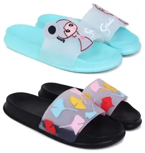 Pampy Angel Combo Pack of 2 Slipper/Flip Flops/Slides for Women,(Senorita-Blue,Gobi-Black),40 (Euro)