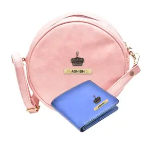 YOUR GIFT STUDIO : Classy Leather Customized Chained Sling Bag Round + Men's Wallet Peach Royal Blue