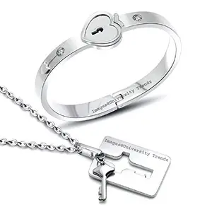 University Trendz Stainless Steel Lock and Key Bracelet Pendant Set for Couples Men and Women (Silver)