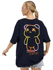 LEOTUDE Womens Oversized Round Neck Half Sleeve T-Shirts (GRL_FS49_TEDDY2_P_Navy_L)