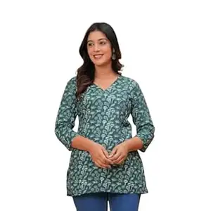 Women’s Cotton Printed Short Kurti with V Neck and 3/4 Sleeves Regular Fit Ethnic Wear for Office and Casual