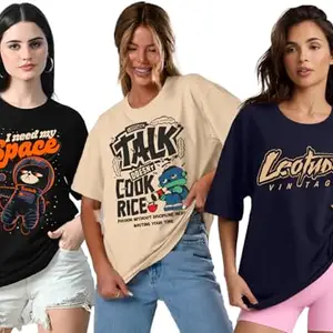 LEOTUDE Women's Oversized Round Neck Half Sleeve Cottonblend Tshirt (GRL_FS49_PO3_WMN_11P_Multi_Color_119_3XL)