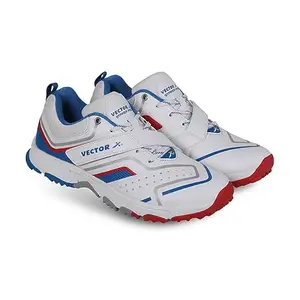 Vector X Striker Pro Cricket Shoe for Men with PU Upper/Sports Shoes/EVA Sockliner for Sports White-Blue-Red