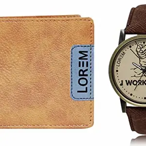 LOREM Orange Color Faux Leather Wallet & Grey Analog Watch Combo for Men | WL11-LR29