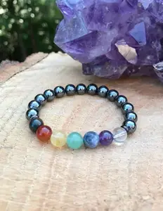LKBEADS Natural 7 Chakra Stone & Hematite 8-10mm Round Shape Smooth Cut Beads 65 inch Stretchable Bracelet for Men & Women|STBR_RR_00073_65