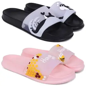 Pampy Angel Combo Pack of 2 Slipper/Flip Flops/Slides for Women,(Dolphin-Black,Honey-Pink),39 (Euro)
