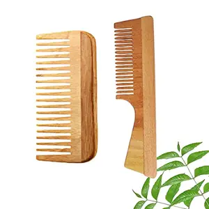 DAUMI Ayurvedic Neem Wood Anti Dandruff Hair Comb (pack of 2) Natural & Eco-Friendly |Anti Bacterial Natural Hair Styling Comb with Fine & Wide Teeth Comb | Made in India For Men & Women (DC2-11)