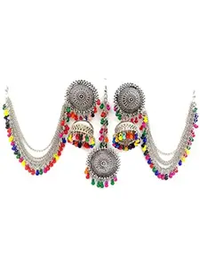 Vembley Stylish Multi Color Beads Bahubali Jhumka Earrings With Maang Tikka Set For Women and Girls
